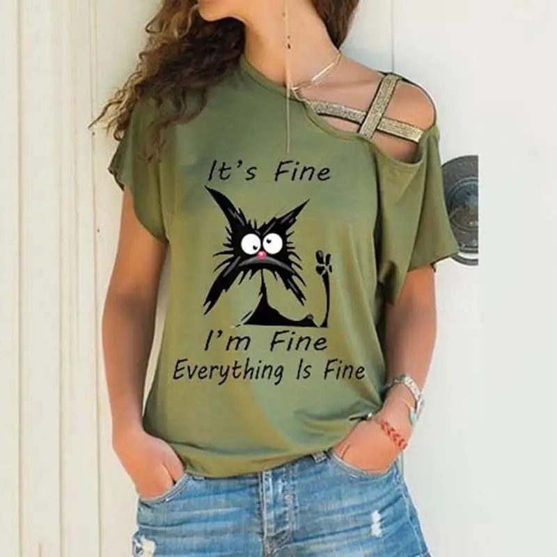 Black Sloping Shoulder Cross Asymmetrical T-Shirt Women - Image 27