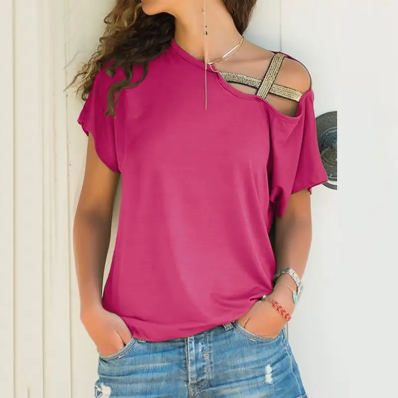 Black Sloping Shoulder Cross Asymmetrical T-Shirt Women - Image 4