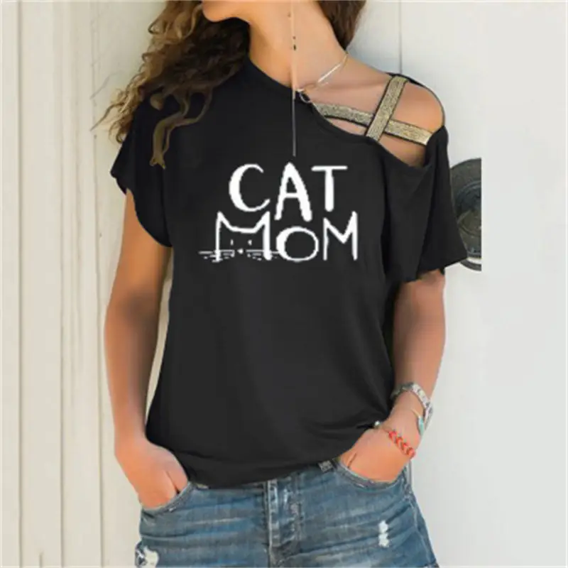 Black Sloping Shoulder Cross Asymmetrical T-Shirt Women - Image 9
