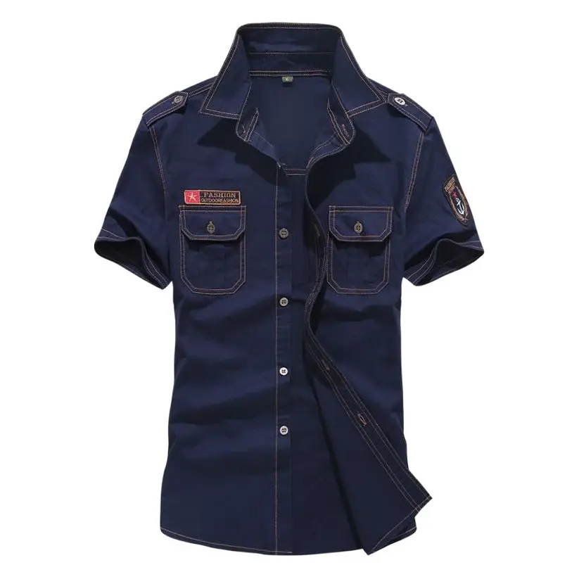 Men Navy Blue Short Sleeve Shirt Military Style Slim Fit