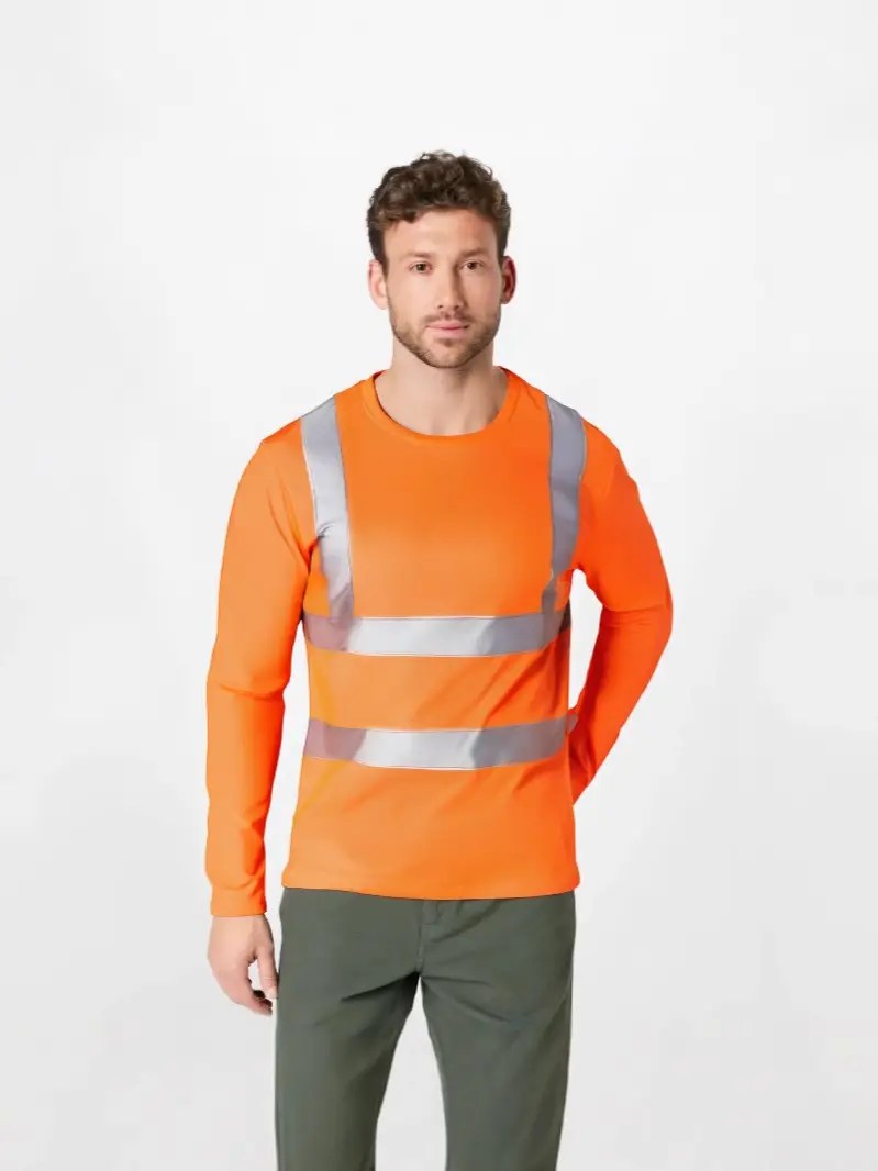 Men Reflective Strip T-Shirt Orange Long Sleeve