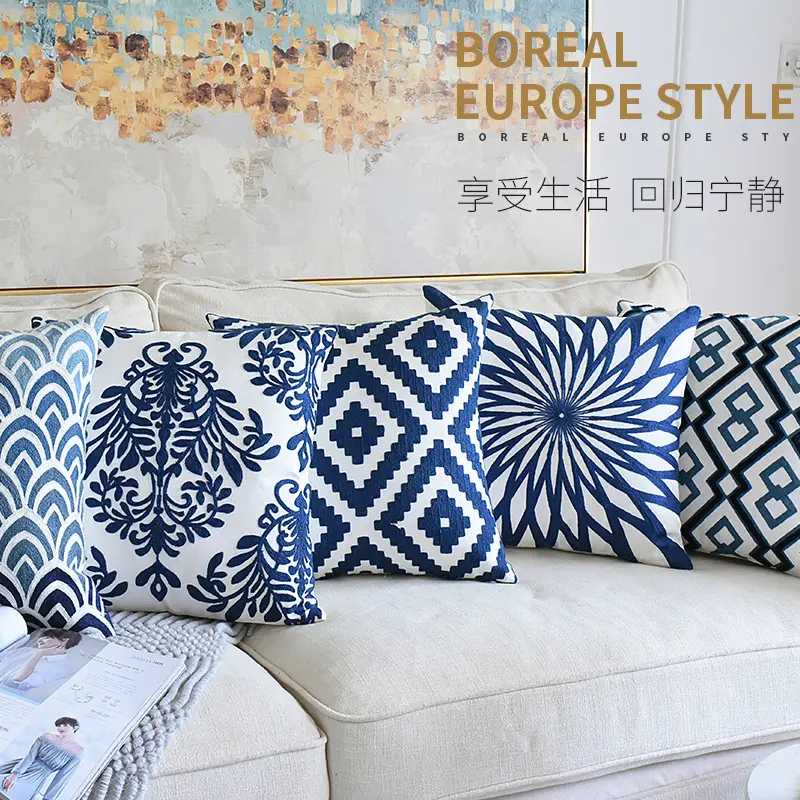 Blue and White Embroidered Pillows for Home Decor