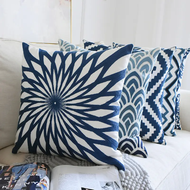 Blue and White Embroidered Pillows for Home Decor