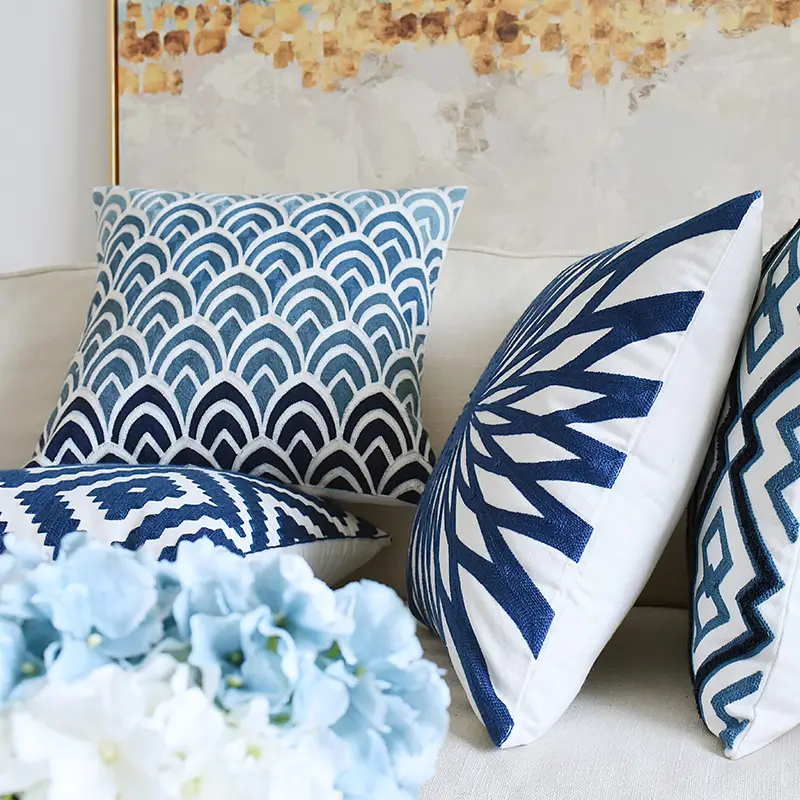 Blue and White Embroidered Pillows for Home Decor