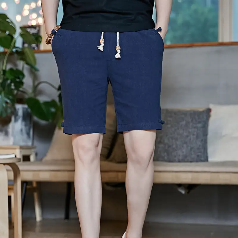 Men Summer Cotton Linen Button Shorts Plus Size Loose Fit
