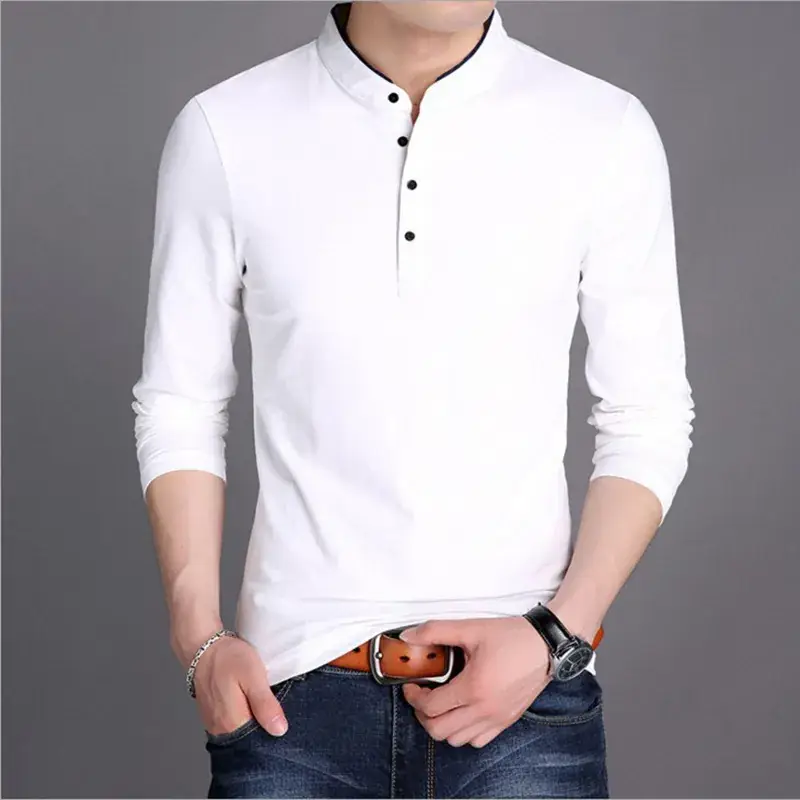 Men's Maroon Long Sleeve T-Shirt with Stand Collar - Image 6