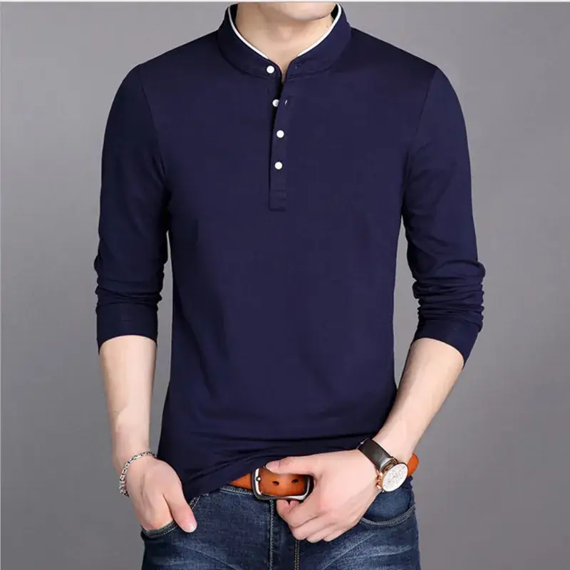 Men's Maroon Long Sleeve T-Shirt with Stand Collar - Image 8