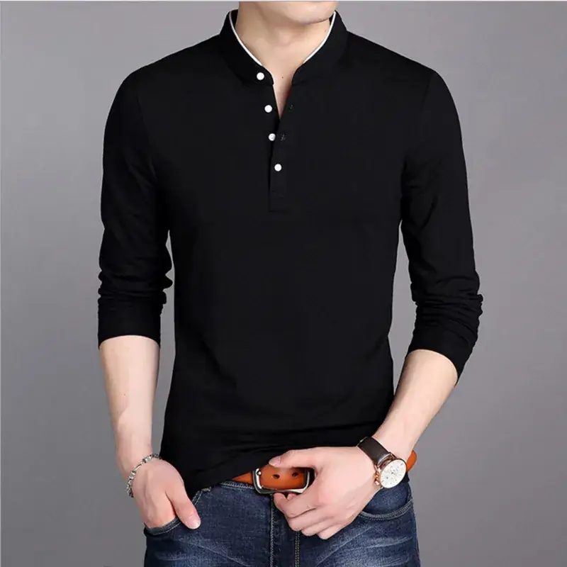 Men's Maroon Long Sleeve T-Shirt with Stand Collar - Image 9