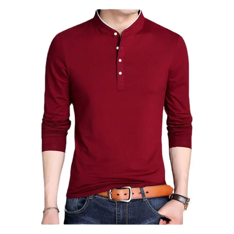 Men's Maroon Long Sleeve T-Shirt with Stand Collar