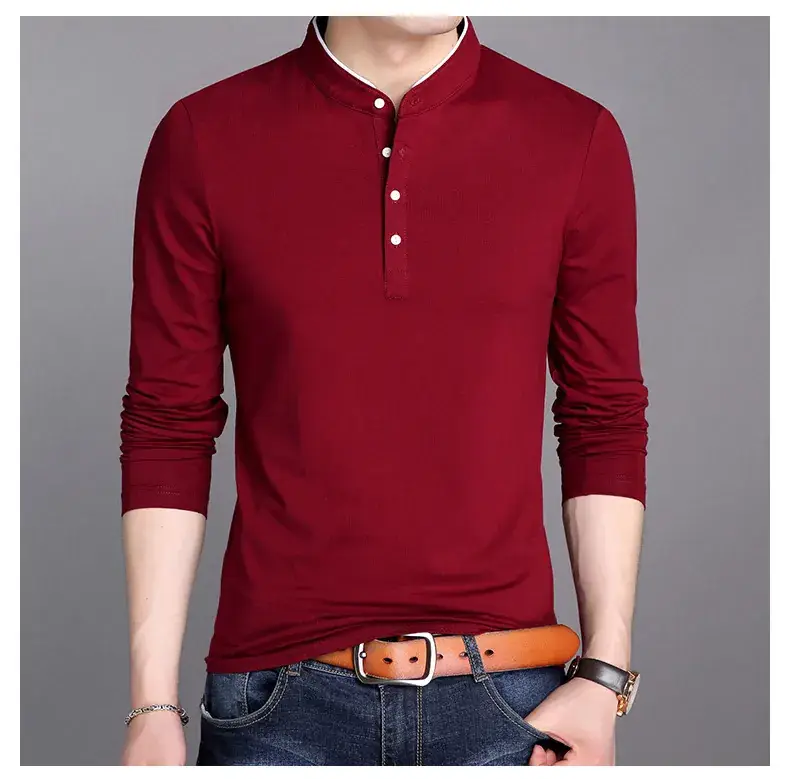 Men's Maroon Long Sleeve T-Shirt with Stand Collar - Image 2