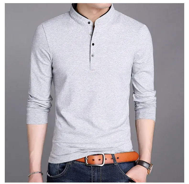Men's Maroon Long Sleeve T-Shirt with Stand Collar - Image 3