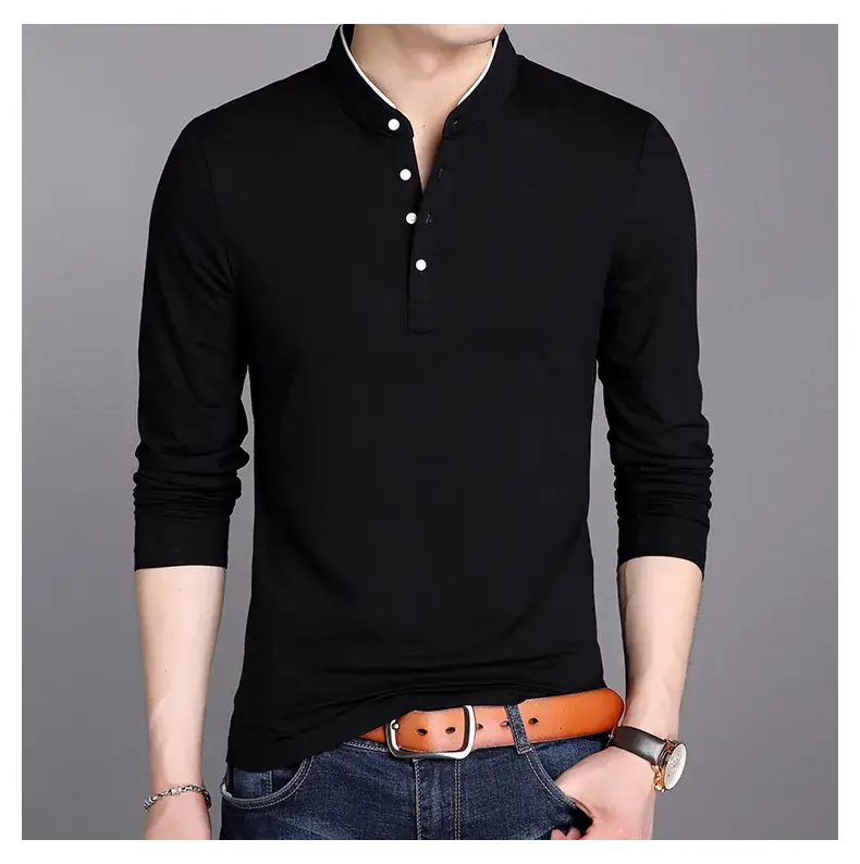 Men's Maroon Long Sleeve T-Shirt with Stand Collar - Image 4