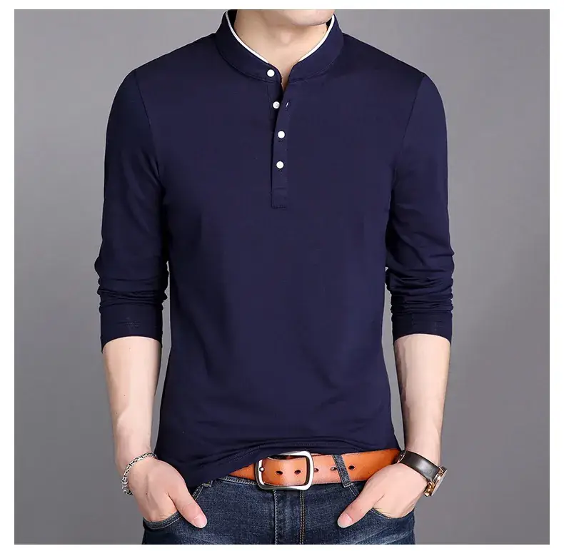 Men's Maroon Long Sleeve T-Shirt with Stand Collar - Image 5