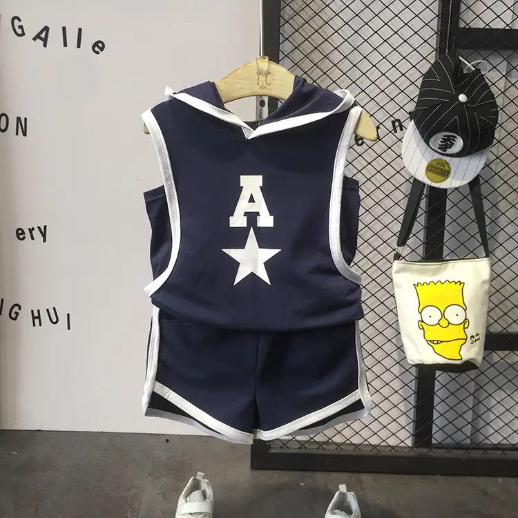Anan 2023 Summer New Boys Hooded Vest Shorts Navy - Image 2