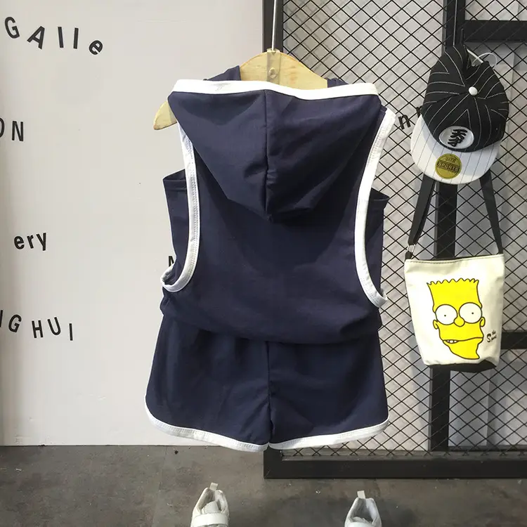 Anan 2023 Summer New Boys Hooded Vest Shorts Navy - Image 4