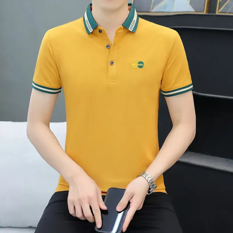 Men's Yellow Polo T-Shirt with White Trim - Image 15