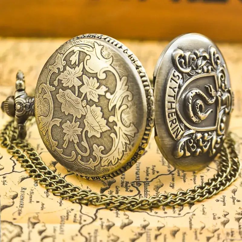Bronze Slytherin Symbol Pocket Watch with Chain