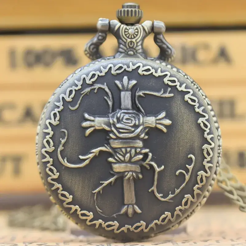 Vintage Bronze Rose Cross Pocket Watch with Crossbar - Image 7