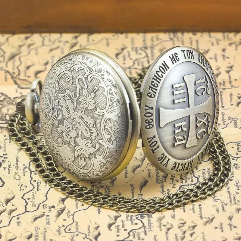 Vintage Bronze Rose Cross Pocket Watch with Crossbar — feature 10