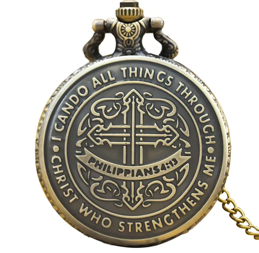 Vintage Bronze Rose Cross Pocket Watch with Crossbar - Image 2