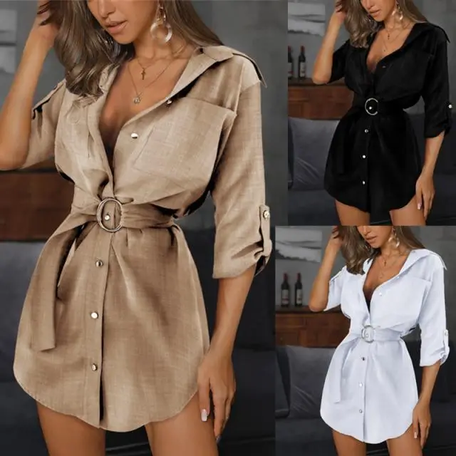 Beige Strappy Belted Shirt Dress for Women