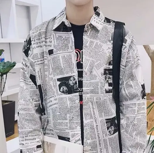 Men's Long Sleeve Japanese Style Shirt with Newspaper Print - Image 6