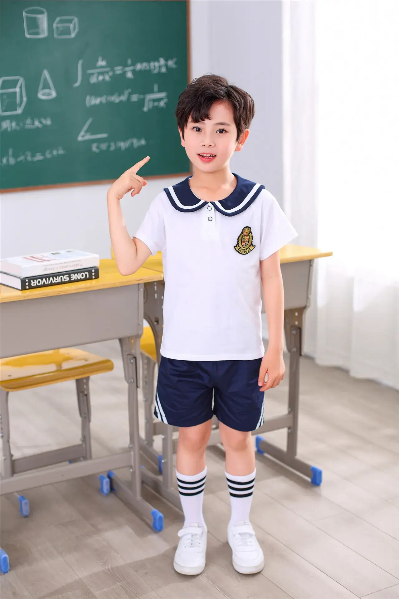 Navy School Uniform Kids Summer Cotton Shorts Set - Image 2