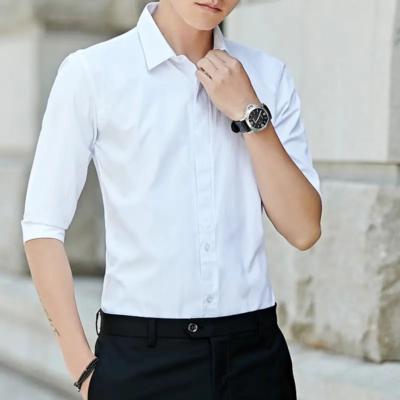 Men's White 7-Piece Sleeve Shirt Slim Fit Casual Business Wear