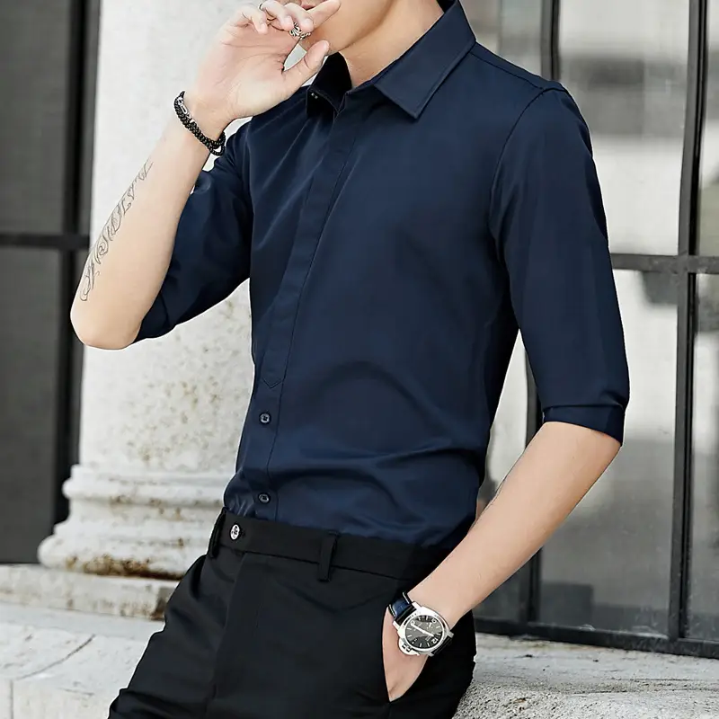Men's White 7-Piece Sleeve Shirt Slim Fit Casual Business Wear