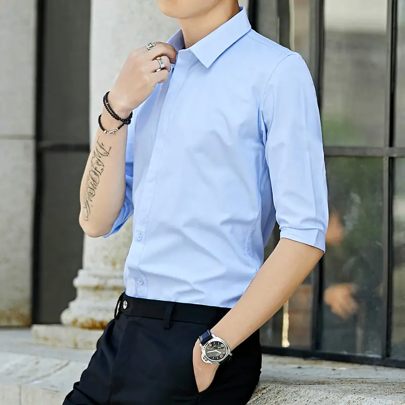 Men's White 7-Piece Sleeve Shirt Slim Fit Casual Business Wear