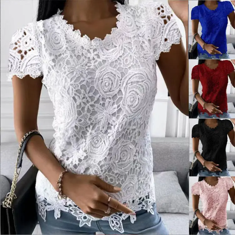 Blue Lace Sleeveless V-Neck Top for Women - Image 17