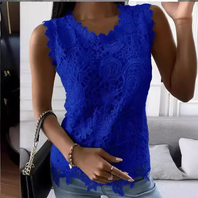 Blue Lace Sleeveless V-Neck Top for Women - Image 19