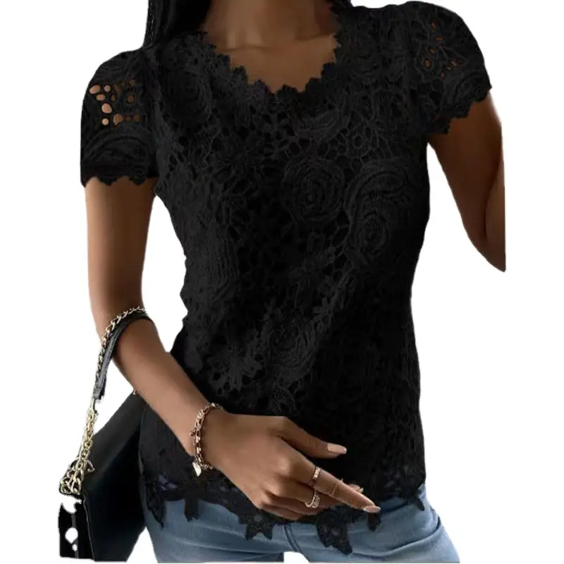 Blue Lace Sleeveless V-Neck Top for Women