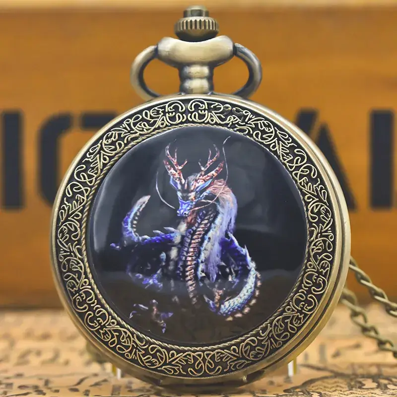 Retro Bronze Dragon Pocket Watch with Chain - Image 18