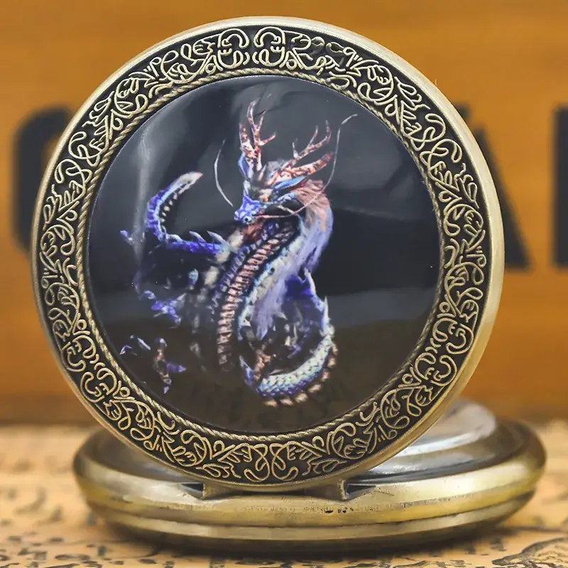 Retro Bronze Dragon Pocket Watch with Chain