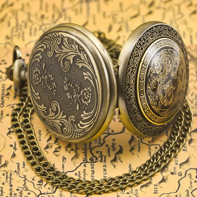 Retro Bronze Dragon Pocket Watch with Chain — feature 11