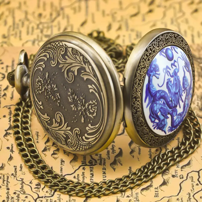 Retro Bronze Dragon Pocket Watch with Chain — feature 13
