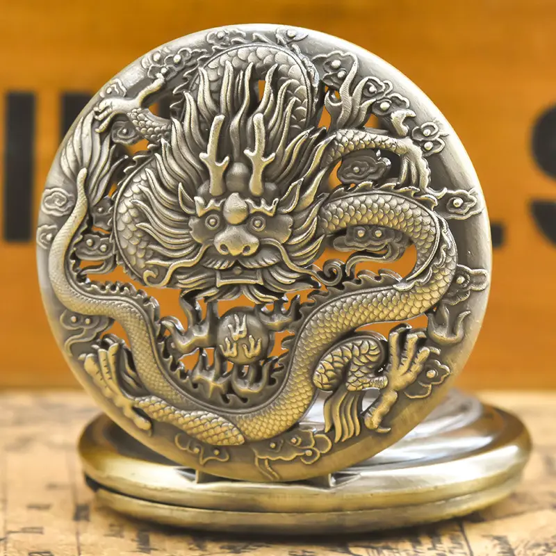 Retro Bronze Dragon Pocket Watch with Chain — feature 18