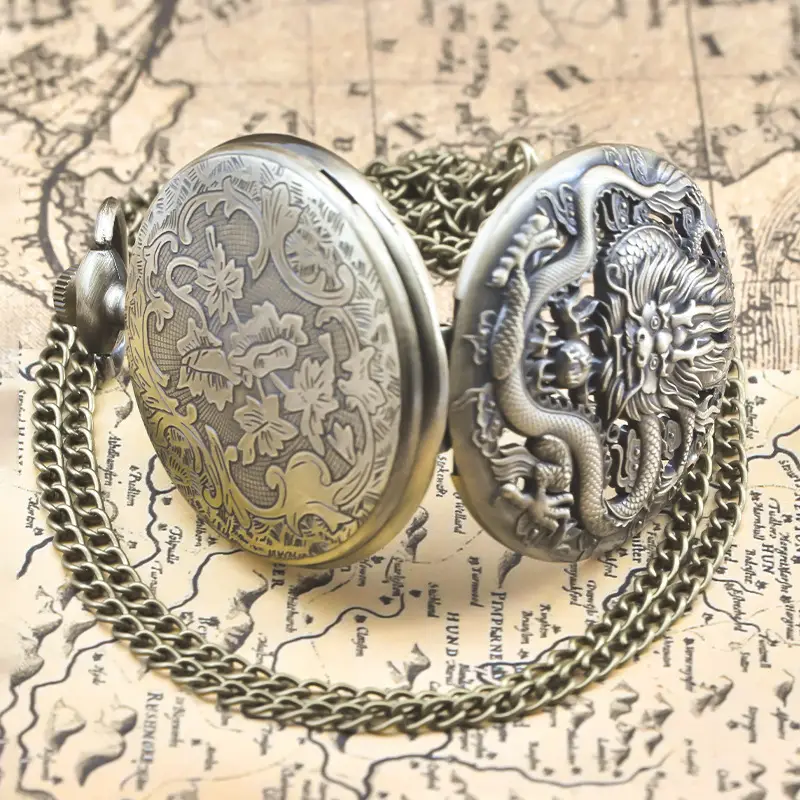 Retro Bronze Dragon Pocket Watch with Chain — feature 19