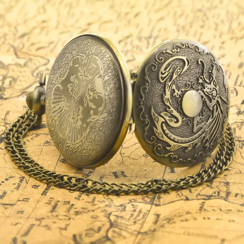 Retro Bronze Dragon Pocket Watch with Chain — feature 29