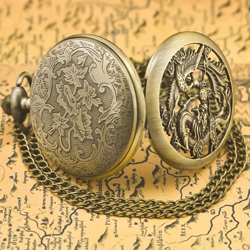 Retro Bronze Dragon Pocket Watch with Chain — feature 31