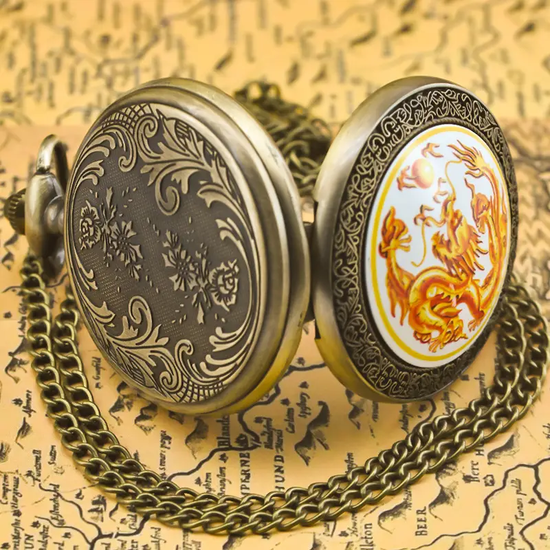Retro Bronze Dragon Pocket Watch with Chain — feature 7