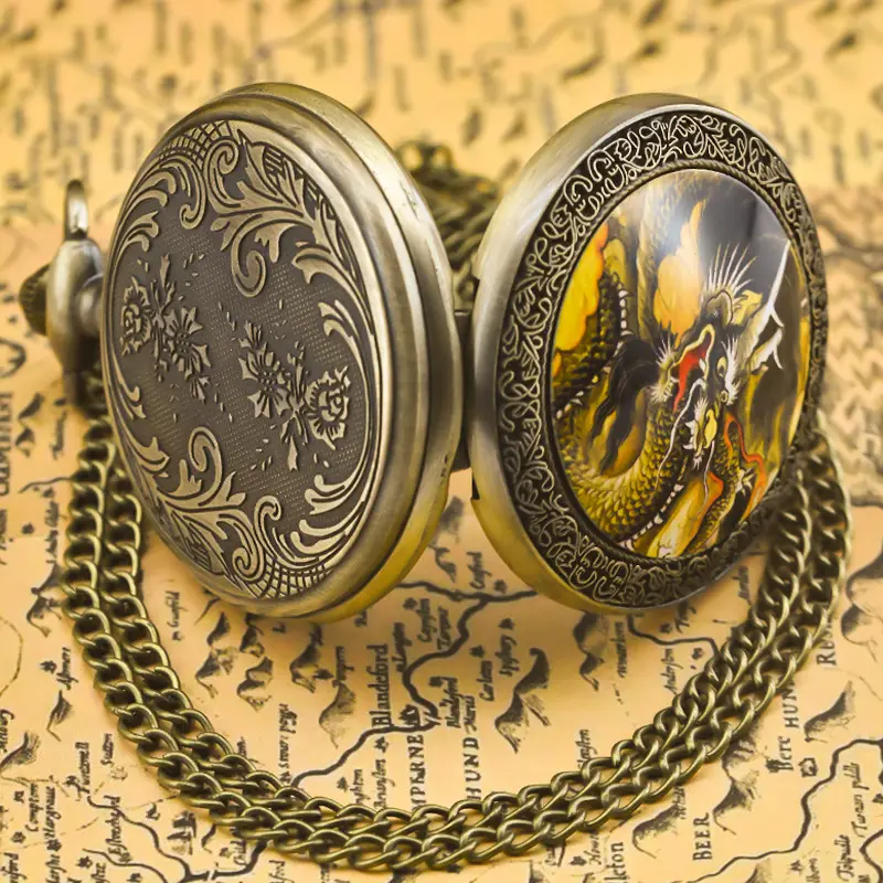Retro Bronze Dragon Pocket Watch with Chain — feature 9
