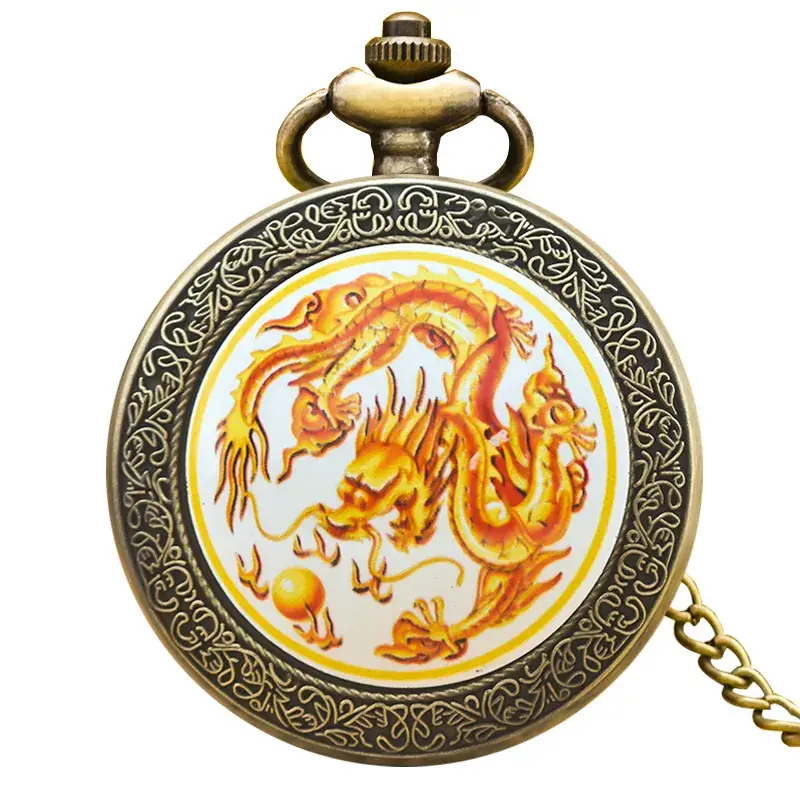 Retro Bronze Dragon Pocket Watch with Chain - Image 2