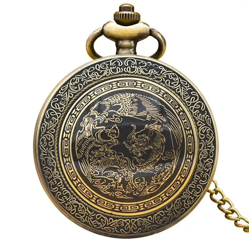 Retro Bronze Dragon Pocket Watch with Chain - Image 3
