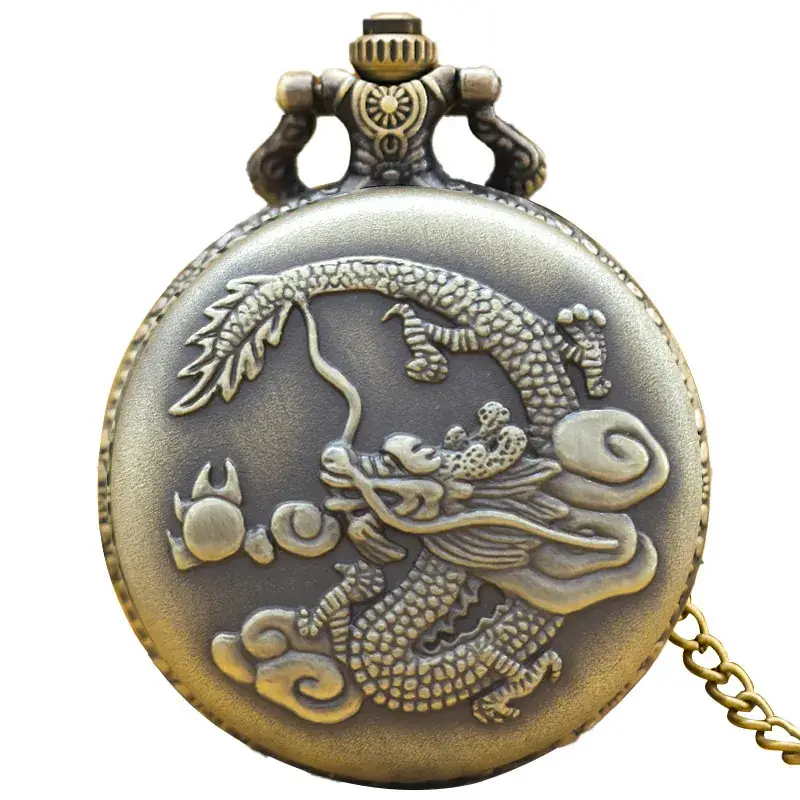 Retro Bronze Dragon Pocket Watch with Chain - Image 4