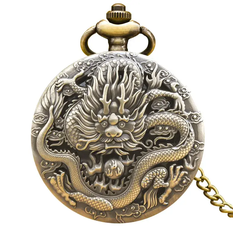 Retro Bronze Dragon Pocket Watch with Chain - Image 5