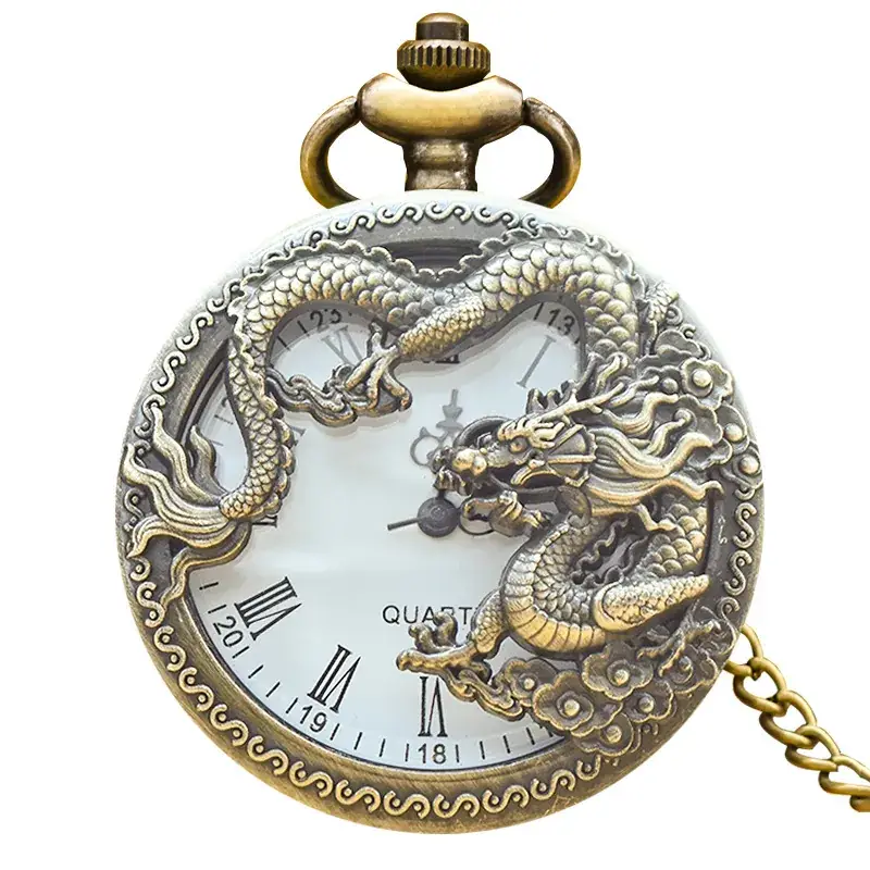 Retro Bronze Dragon Pocket Watch with Chain - Image 6