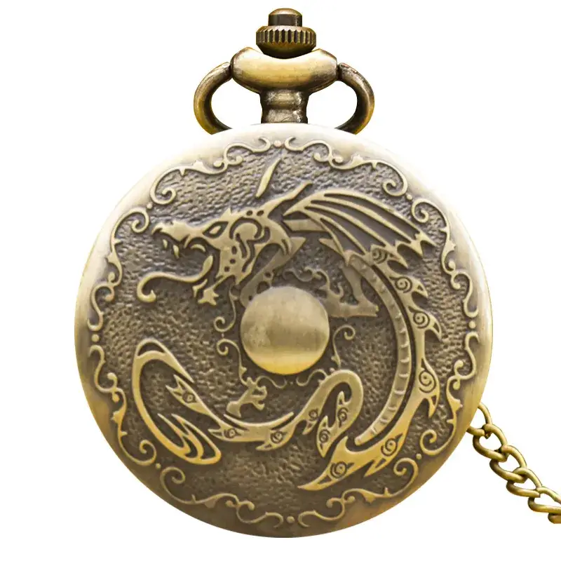 Retro Bronze Dragon Pocket Watch with Chain - Image 7