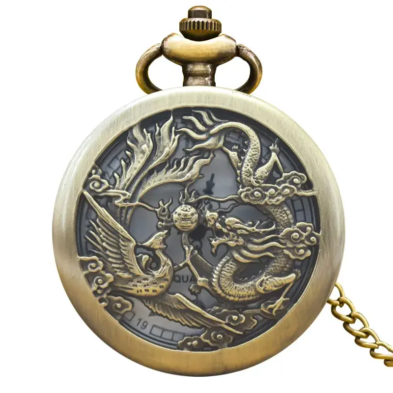 Retro Bronze Dragon Pocket Watch with Chain - Image 8